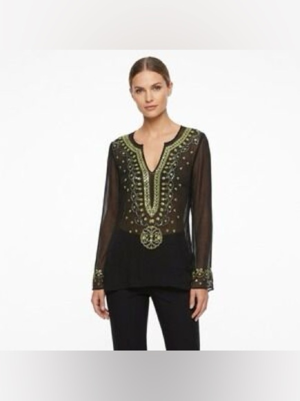 VENUS Black LongSleeve Embellished 100% Silk Y2K Top Tunic Beach Summer Cover - Picture 4 of 16
